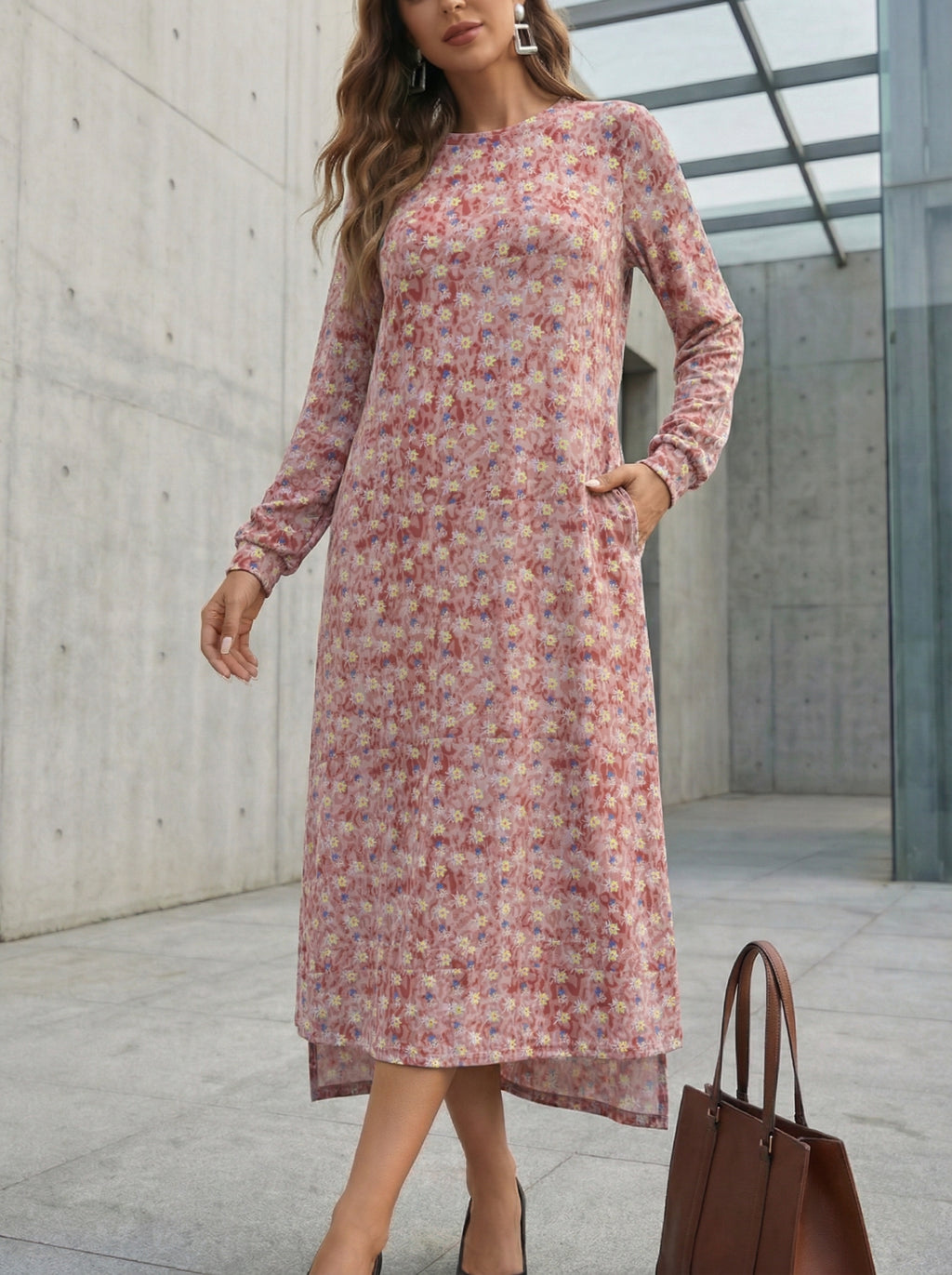 修身长袖及踝连衣裙