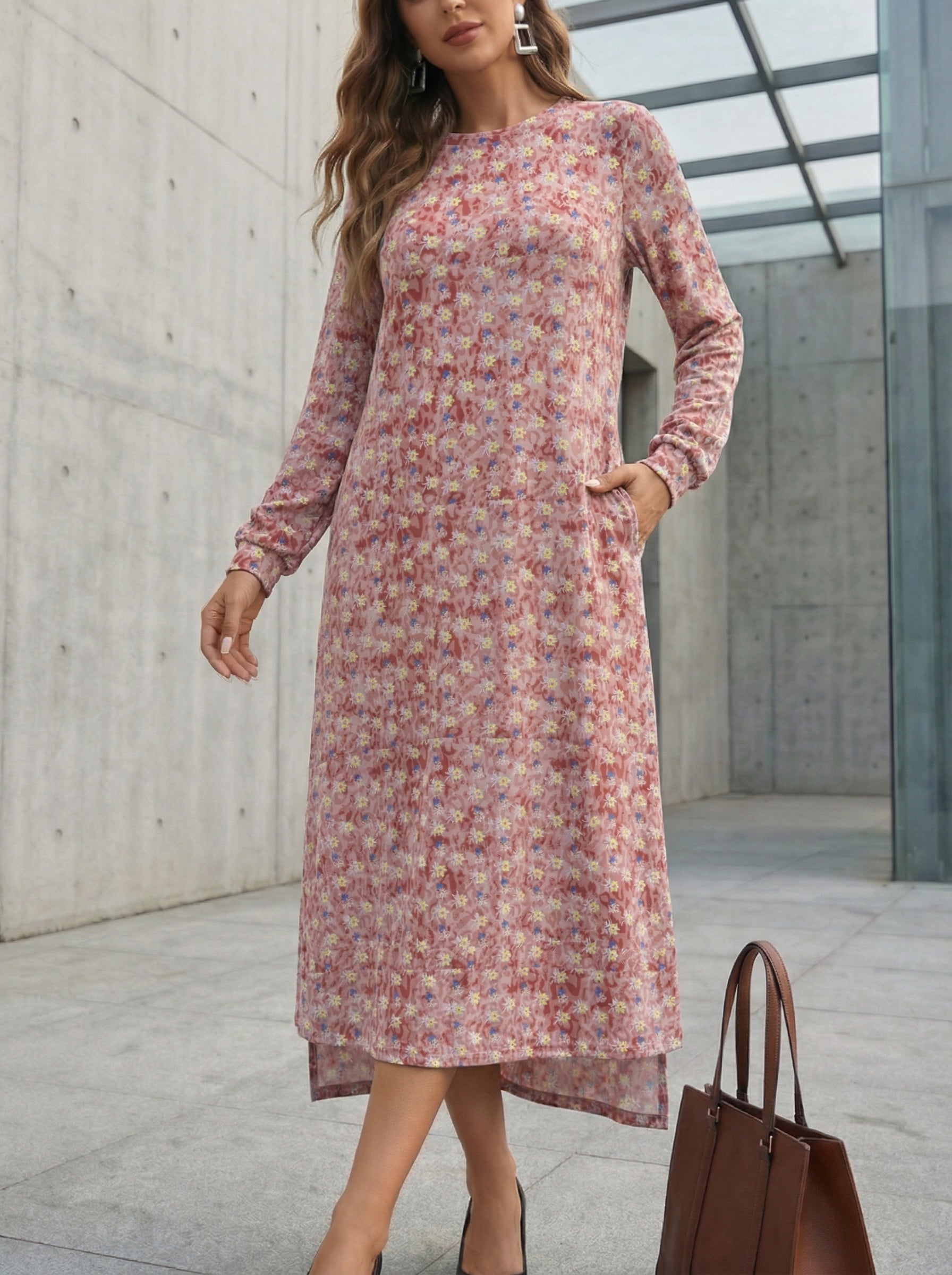 修身长袖及踝连衣裙