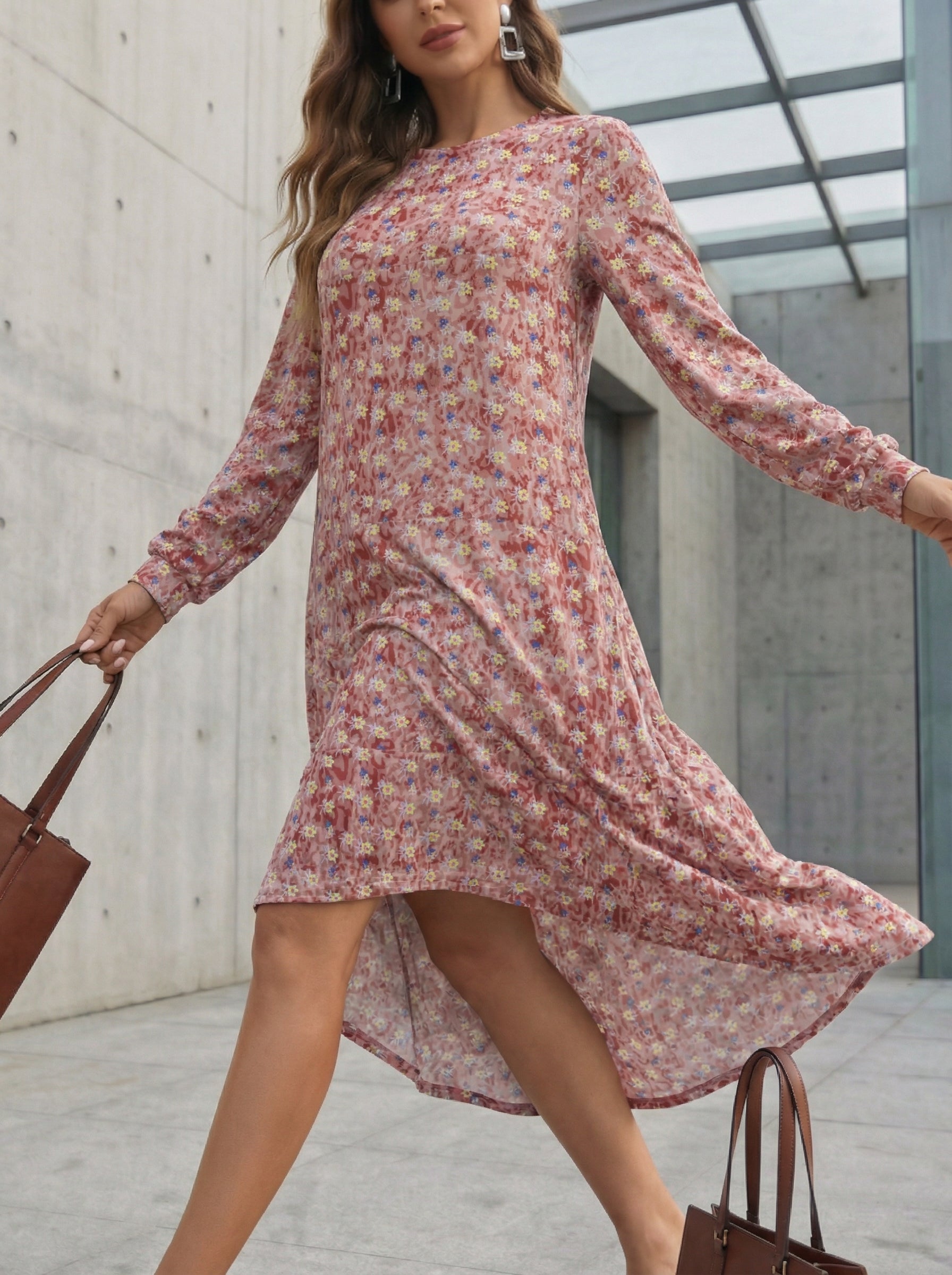 修身长袖及踝连衣裙