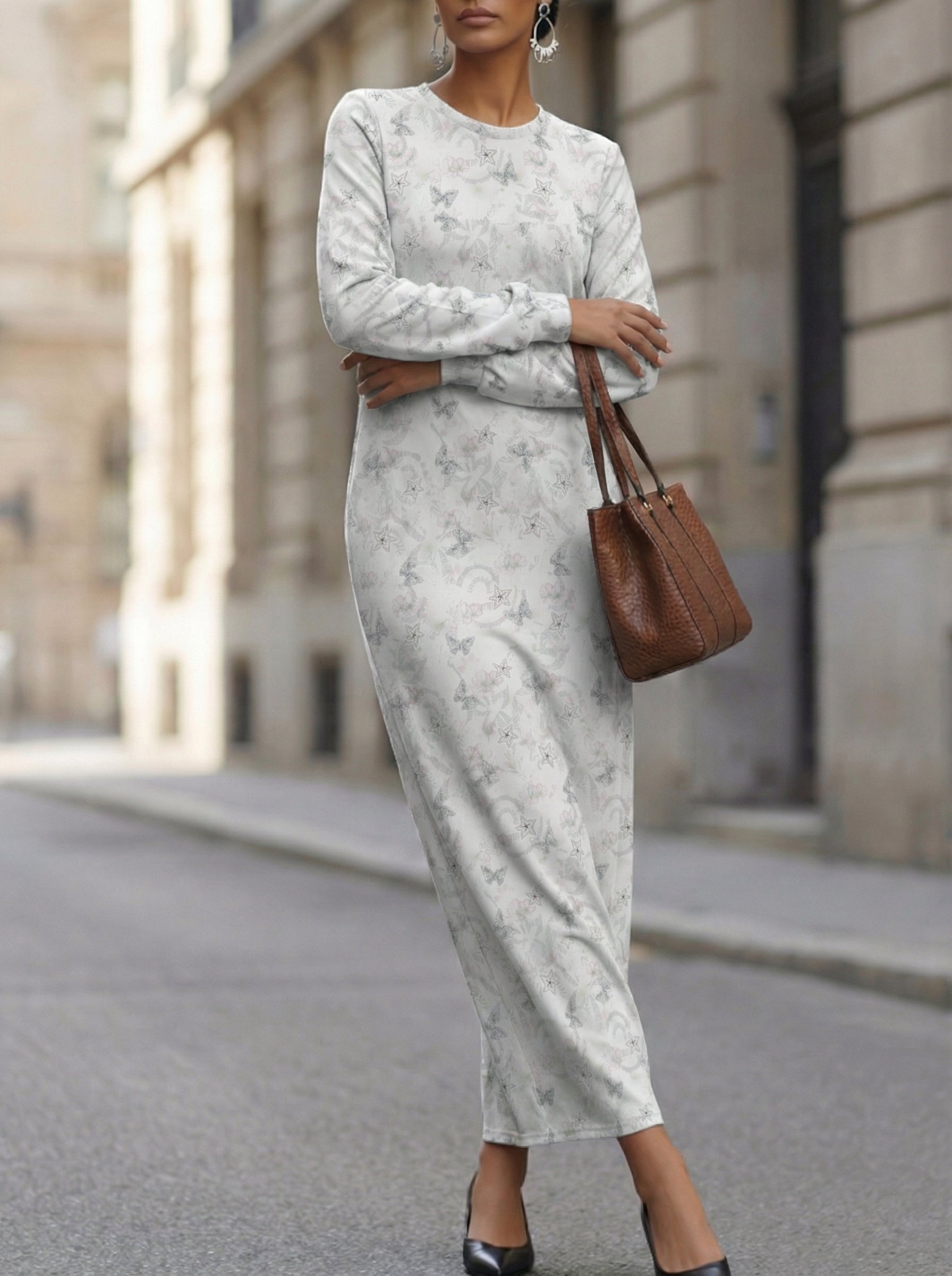 修身长袖及踝连衣裙